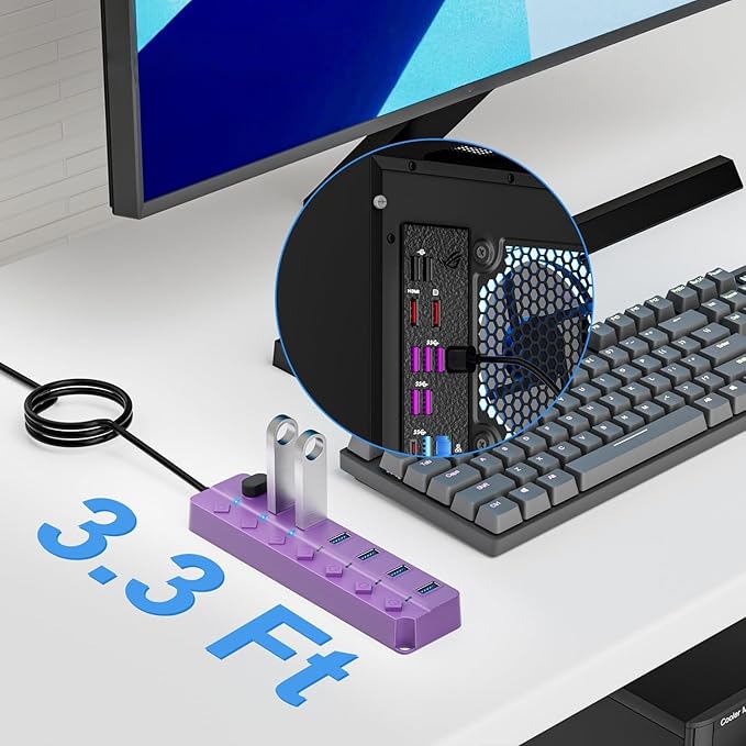 ONFINIO USB Hub 3.0, 7-Port USB Hub Splitter with Individual On/Off Switches and Lights, 3.2ft/1m Long Cable Compatible with MacBook, Laptop, Surface Pro, PS4, PC, Flash Drive, Mobile HDD-Purple