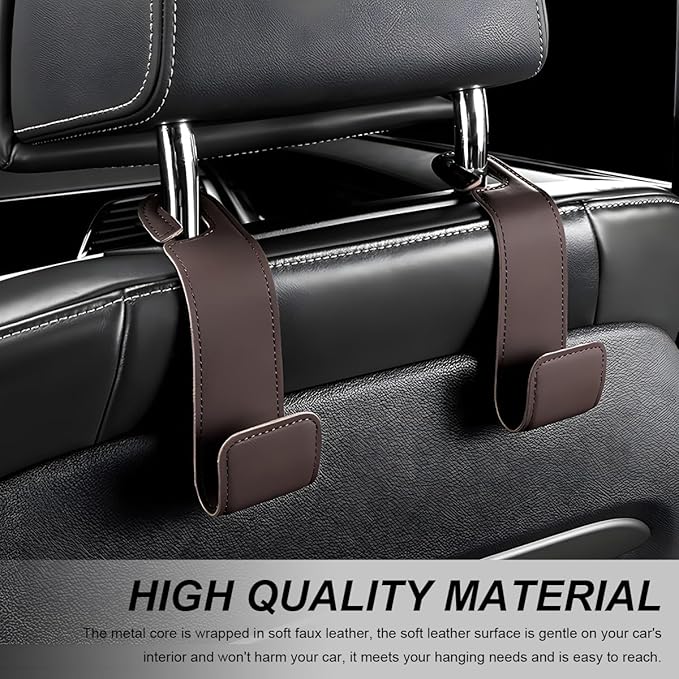 2 PCS Car Seat Headrest Hooks, Microfiber Leather Hanger Holder Hook for Hanging Purse and Bag, Universal Vehicle Back Seat Organizer Hook for Grocery Bag Handbag Coat (Brown)