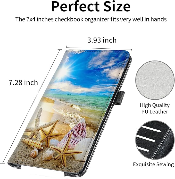 FUYOCWE Leather Checkbook Covers for Men Women Check Book Holder Cover Wallets for Personal Checkbook Duplicate Checks with RFID Blocking & Elastic Strap-Beautiful Beach Seashells