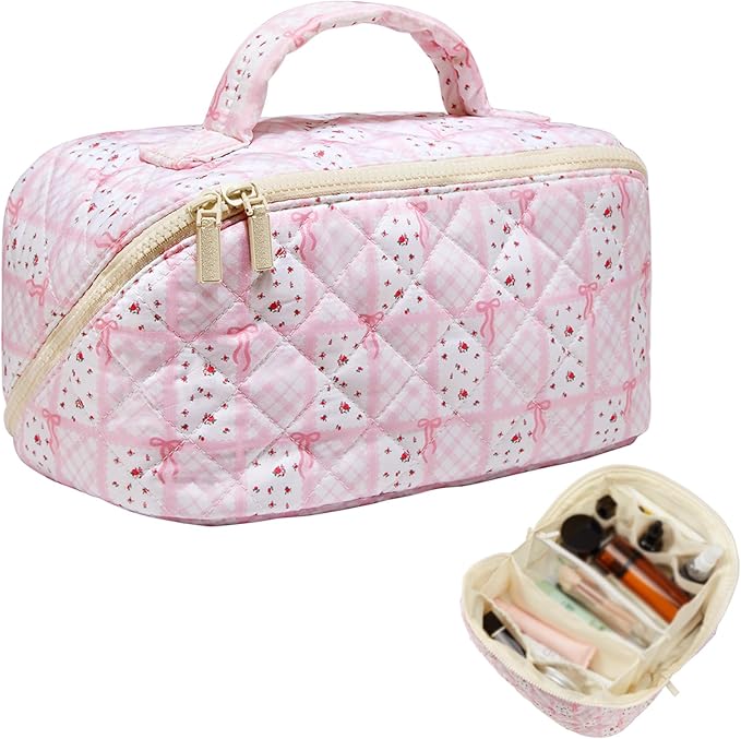 Large Pink Bow Floral Travel Makeup Bag Lay Flat Quilted for Women Airplane Essentials, Personalized Her 16th 18th 21st 25th 30th Birthday Gifts, Bride Teen Girls Cosmetics Skincare Brush Organizer