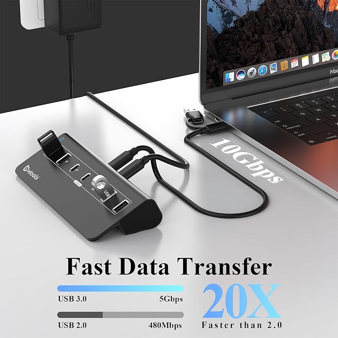 USB C Hub,USB Hub Powered with 5V 3A Power Adapter, 10Gbps USB Splitter with 4 USB-A and 3 USB-C Ports, 7-Port Type C Multiport Adapter for MacBook Air/Pro, iPhone 16/15, Laptop and More(Black)