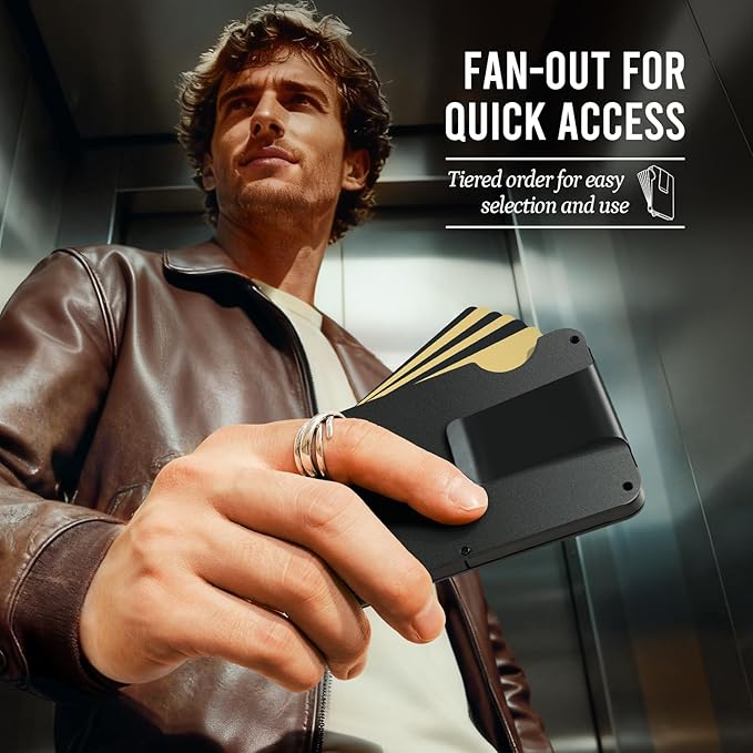 Fan-out Wallet for Men with ID Window and Money Clip - Minimalist Slim Cardfan Card Holder, Mens Wallet with RFID Blocking, Metal Pop Up Wallets Black, Gifts for Men