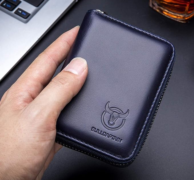 BULLCAPTAIN Genuine Leather Men Wallet Card Holder Cards Zipper Credit Card Pack Case Purse (blue)