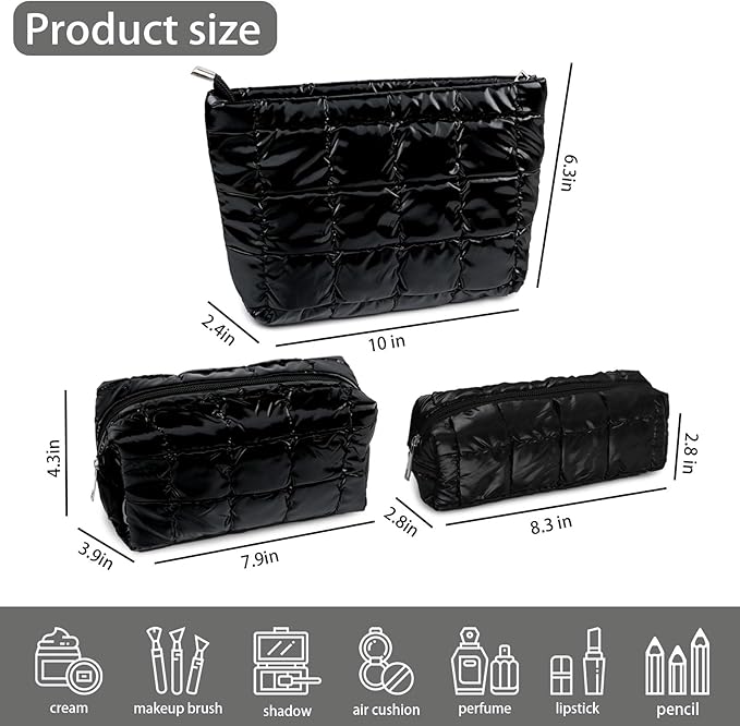 3Pcs Puffer Quilted Makeup Bag Travel Cosmetic Bag Set Portable Puffy Checkered Toiletry Pouch Skincare Organizer Purse Pencil Case (Black)