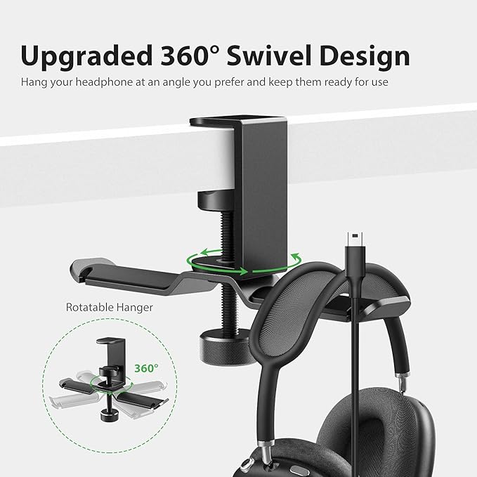 Dual Headphone Stand Hanger Under Desk, 360 Degree Rotating Aluminum Gaming Headset Holder with Adjustable Clamp, Universal Metal Earphone Hook Mount for All Headsets, Black