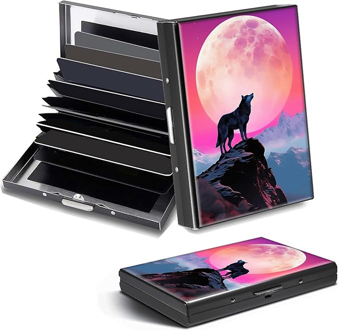 Credit Card Holder, Art Moon Wolf Design Mini RFID Blocking Aluminum Wallet Slim Metal Hard Case Shell Travel Wallet ID Case Small Credit Cards Case Business Cards for Women Men Girls
