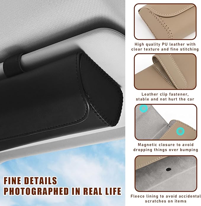 Augeny Sunglasses Holder for Car Sun Visor, Leather Auto Eyeglasses Storage Case with Hidden Magnetic Closure, Protective Glasses Organizer Box, Vehicle Visor Accessories for Woman Man (Black)