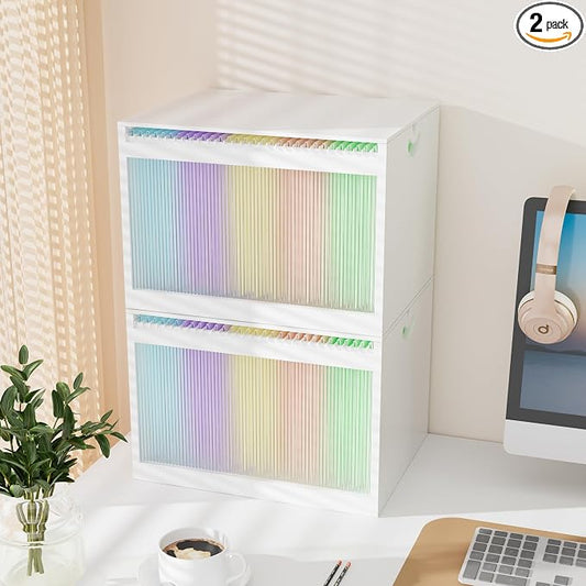 Bamboo Hanging File Boxes with Lids 2 Pack, File Organizer Box for Letter/Legal File, File Box with Hanging Folders Acrylic Light Easy Assembly File Storage Boxes for Home Office, White