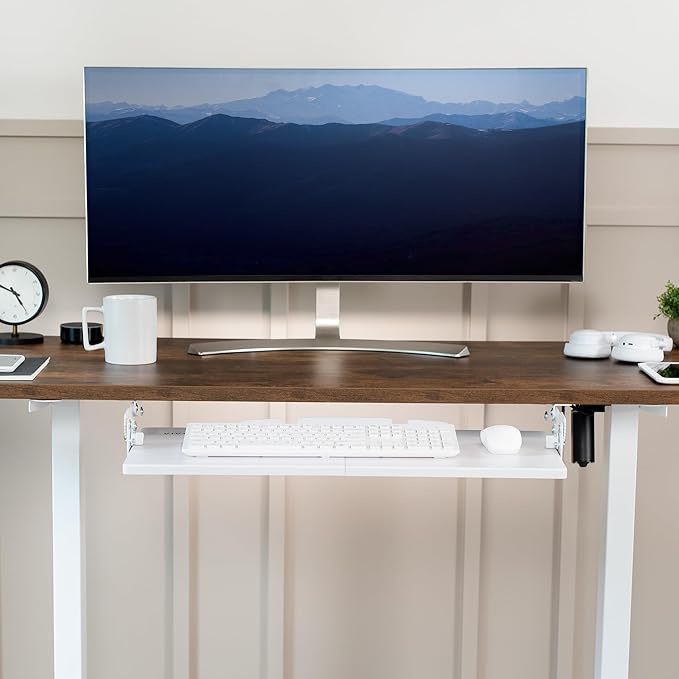 VIVO Large Under Desk 27 x 11 inch Computer Keyboard and Mouse Tray with Swinging Height Adjustment, 12 Settings, Platform Drawer for Typing, White, MOUNT-KB08SW