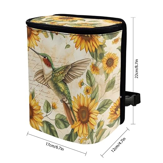 Biyejit Car Trash Can with Lid Collapsible Waterproof Car Garage Bag Reusable Hanging Automotive Garbage Bin with Adjustable Strap Car Accessories Interior Car Organizer, Sunflower Hummingbirds