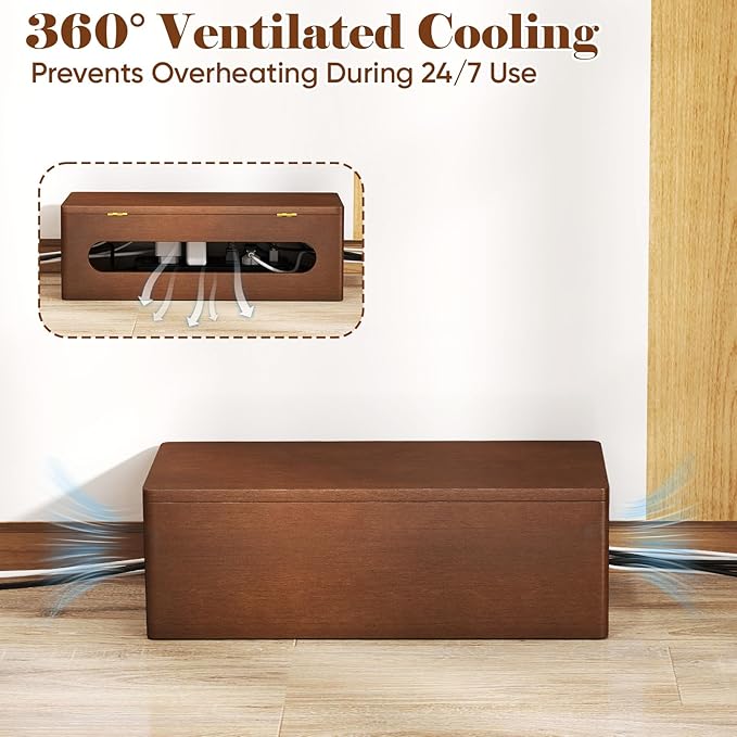DELAMU 14.17" Large Cable Management Box with Magnetic Lid, Cord Mangement Box and Cord Box Hider for Electrical Cord Management with Ventilation Design, Hide Cables on Desk and Floor, Cable Box Brown