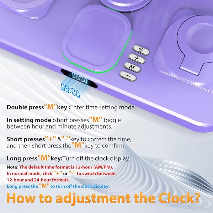 30W Charging Station for Apple Products, Foldable Wireless Charger with Clock Display&7 Color Light, Wired Charging for iPad/Tablet Charging Station for iPhone17, for Apple Watch11 for AirPods4(Purple