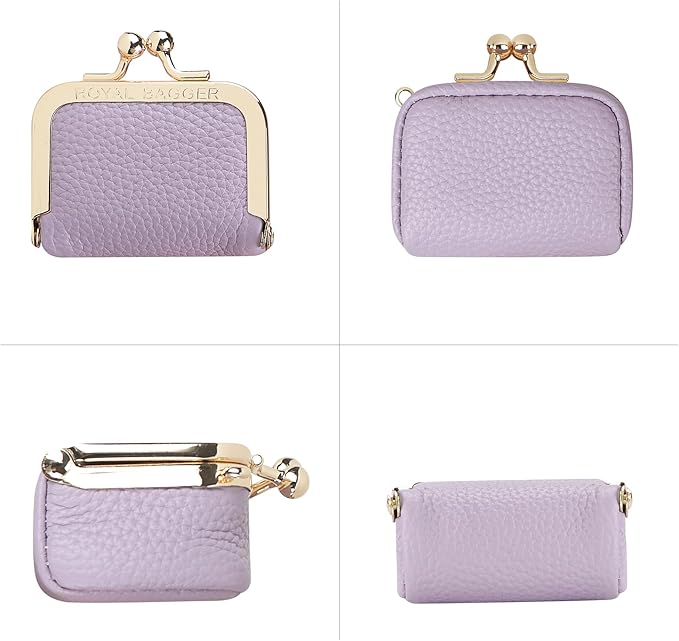Royal Bagger Genuine Cow Leather Mini Jewelry Box Women's Coin Purse Solid Color Kiss Lock Change Pouch Casual Style Small Storage Bag for Women 1894 (Rose with Chain)