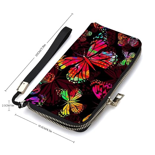 Unisex Zip Around Wallet for Adults Teens Beautiful Watercolor Colorful Butterflies Coin Pouch Cash Pocket PU Leather Wallets Card Holder Organizer Designer Purse with Wristlet Strap