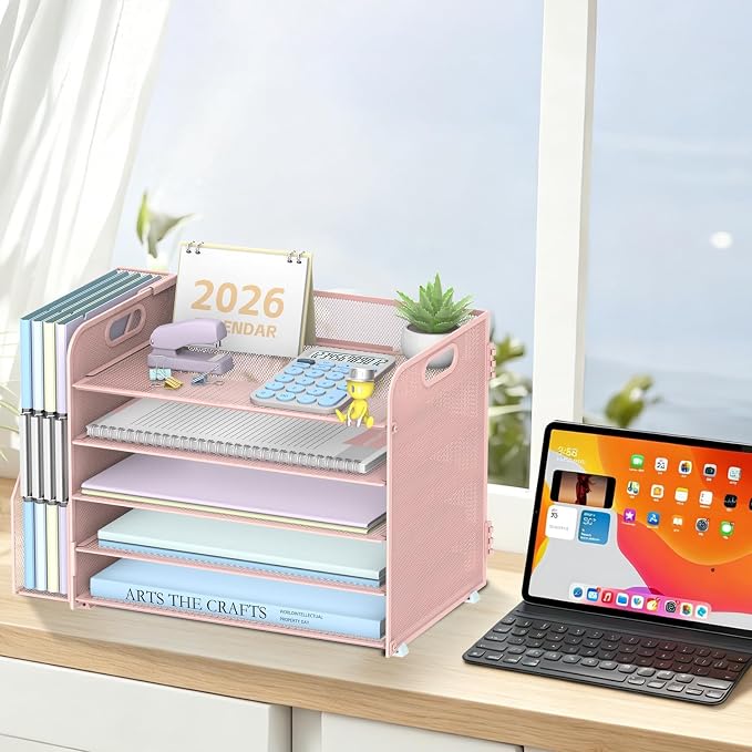 SUPEASY 5-Tier Desk Organizer with File Holder, Desk Organizers and Accessories, Paper Organizer for Desk, Mesh Desktop File Organizer, Workspace Organizers for Office School Home, Pink