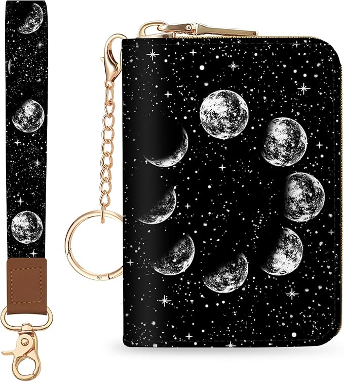 Blusabaca Credit Card Holder for Women, Moon Small RFID Blocking Wallet with Wristlet Strap, Keychain Zipper Women Wallet, Leather Card Case, Card Wallet Purse with Key Lanyard