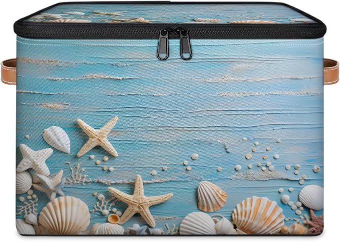Sea Star Shell Storage Basket for Bedroom Kitchen Bathroom Storage Bins with Lids Collapsible Toy Cube Storage Organizer for Kid Teen Women Men