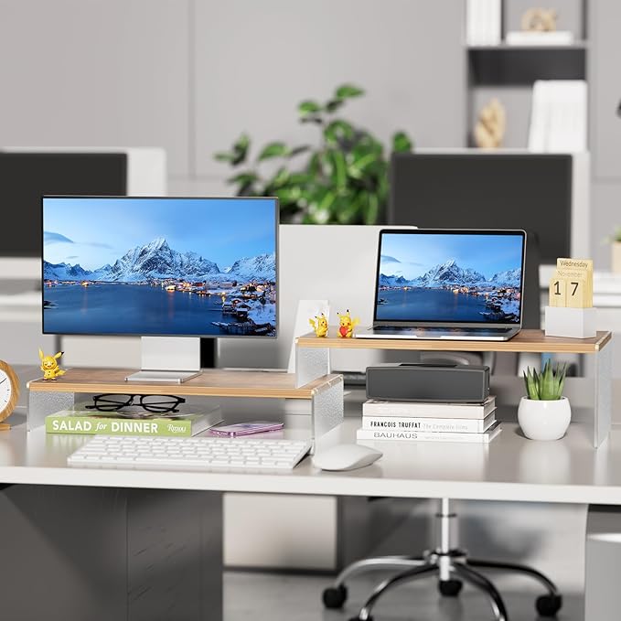 Adjustable Monitor Stand Riser with Acrylic Legs丨7.67" Wide Dual Monitor Stand for Desk丨2-Tier Wood Desktop Organizer for Computer, Laptop, Printer & PC丨Modern Aesthetic Desk Shelf(wood-glacial striae)