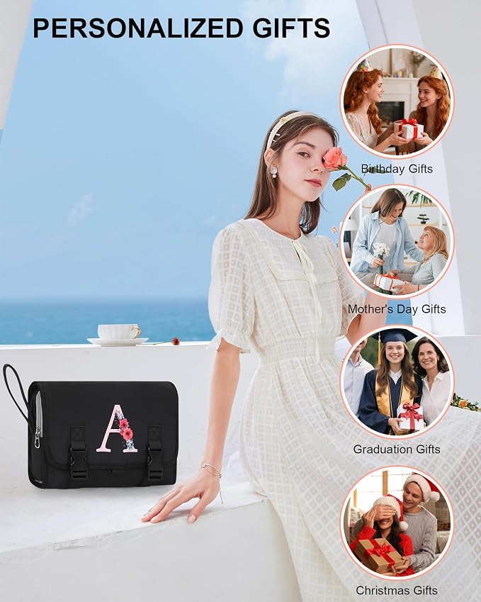 Relavel Graduation Gifts for Teen Girls - Initial Hanging Toiletry Bag for Women, Large Capacity Personalized Travel Toiletries Makeup Bag Cosmetic Organizer for Travel-Sized Essentials - Black G