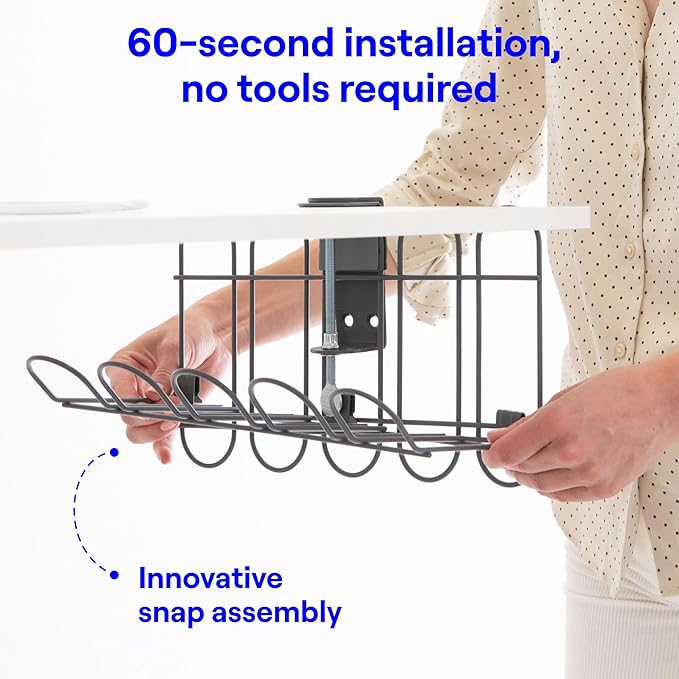 CarryUp Under Desk Cable Tray, No Drill Wire Management Clamp, Computer Cord Organizer, Cable Hider & Holder, Cord Keepers for Home Office Organization, Powder Coated Metal, Easy Install - Grey