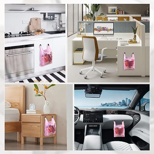 Car Trash Bag Hanging Disposable Car Garbage Bag Pack of 200 Small Auto Trash Bag for Car with 4 Hook for Car Kitchens Bedrooms Offices During Travel and Camping (Pink)