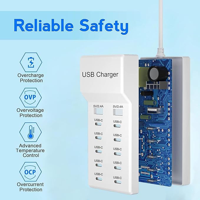 USB C Charger, 12 Ports USB Charging Station, 60W MultiPort Charger[10 USBC+2 USBA], Compatible with iPhone/iPad/Samsung/Google Pixel/Watch/Headphones