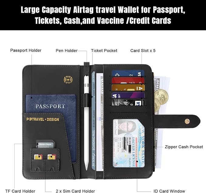 Passport Holder for Travel,Leather Passport Wallet,Travel Document Organizer with AirTag Slot,RFID Blocking With Credit Cards Case,Zippered Coins Pocket and Cash Slot for Women Men