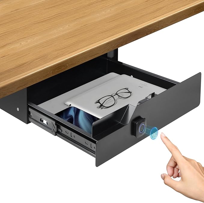 Under Desk Drawer with Biometric Fingerprint Lock, Metal Undermount Table Drawer, Slides out Tray Organizer for Paper, Pencil, and Laptop 16"x11.8"x3.6", Black