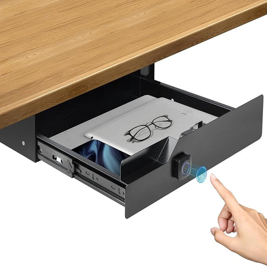 Under Desk Drawer with Biometric Fingerprint Lock, Metal Undermount Table Drawer, Slides out Tray Organizer for Paper, Pencil, and Laptop 16"x11.8"x3.6", Black