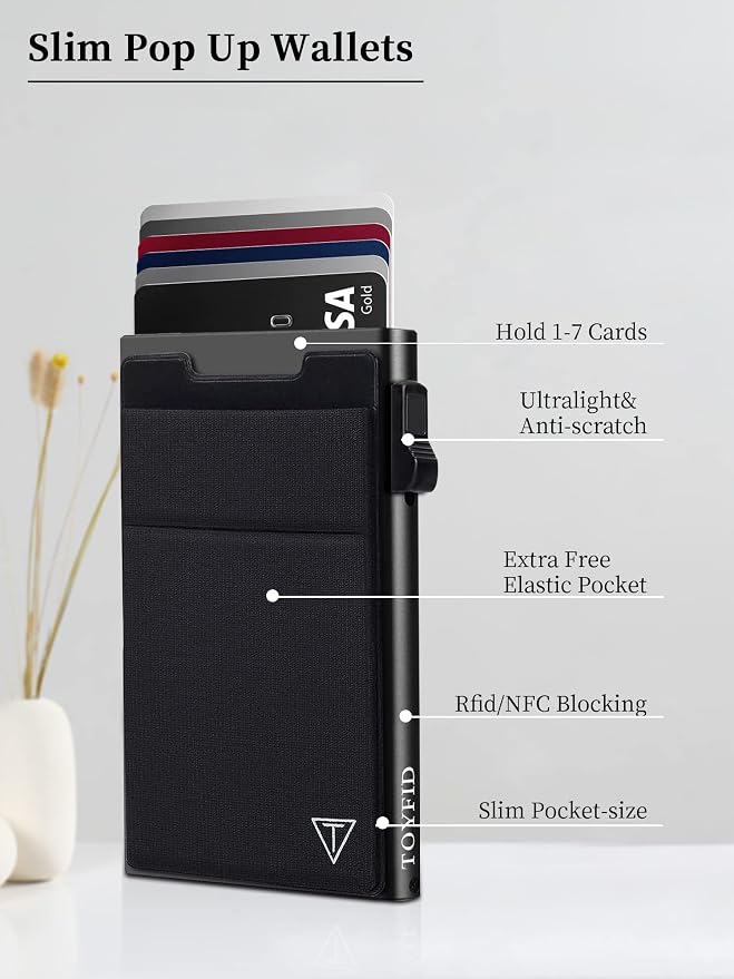 TOYFID Slim Wallet for Men - Pop Up Card Holder Wallet,Minimalist Business Wallet,Credit Card Wallet with Money Pocket,Metal Card Case Wallet,RFID Blocking,Can Hold 6 Credit Cards