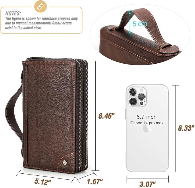 Top Grain Genuine Leather Zipper Clutch Wallet for Man & Woman, Handmade Vintage Design, Multi Slots & Side Pocket & Strap, RFID Large Capacity for Cards/Checks/Passports/Phone/Pen/AirTag, Red Coffee