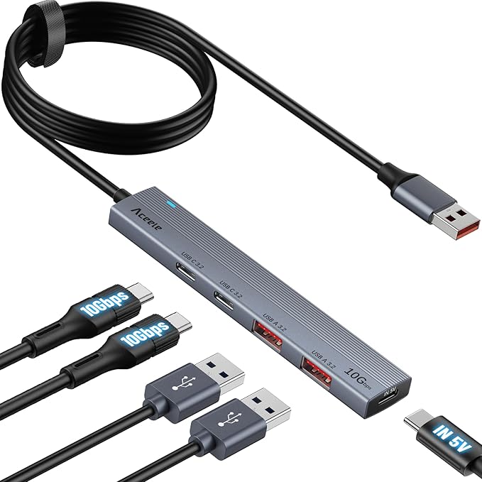 Aceele USB 3.2 Gen 2 Hub with 2 USB-A & 2 USB-C Ports, 10Gbps USB Splitter with 4ft Long Cable, USB Data Extented with 5V3A Type-C Power Port, Compatible for Laptop, iMac Laptop and More