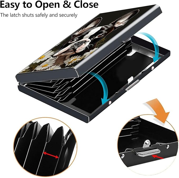 Credit Card Holder, Boston Terrier Dog Design Mini RFID Blocking Aluminum Wallet Slim Metal Hard Case Shell Travel Wallet ID Case Small Credit Cards Case Business Cards for Women Men Girls