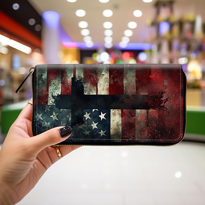 Wallet,Leather Long Wallet Suitable For Ladies And Teenagers - Detachable Wristband + RFID Travel Wallet With Card Slot - American Flag Cross