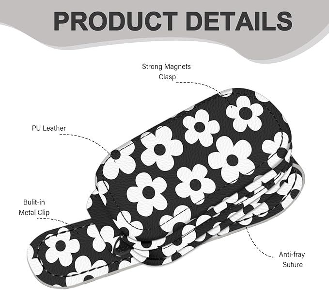 2 Pack Magnetic Leather Sunglass Holder, Universal Magnetic Car Eyeglass Hanger Clip for Different Size Eyeglasses, Car Visor Accessories (Black White Floral)