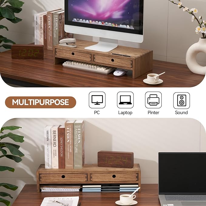 KIRIGEN Wood Monitor Stand with 2 Drawers, Solid Wood Computer Monitor Riser for Desk, Desktop Organizer Shelf with Cable Management, Pen Slots, Brown, No Assembly PMJ-DBR