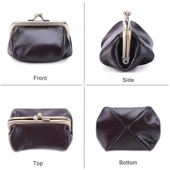 Genuine Leather Coin Purse for Women Small Kiss Lock Change Purse Clasp Coin Coin Holder Pouch Cute Wallet (Coffee)
