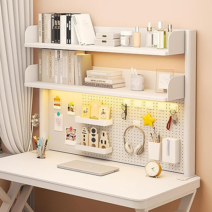 Clamp on Desk Organizer Shelf, Desk Extender Pegboard Workstation White Desk Side Storage Bookshelf Shelves for Office 37.4x31.5 in(HxL)
