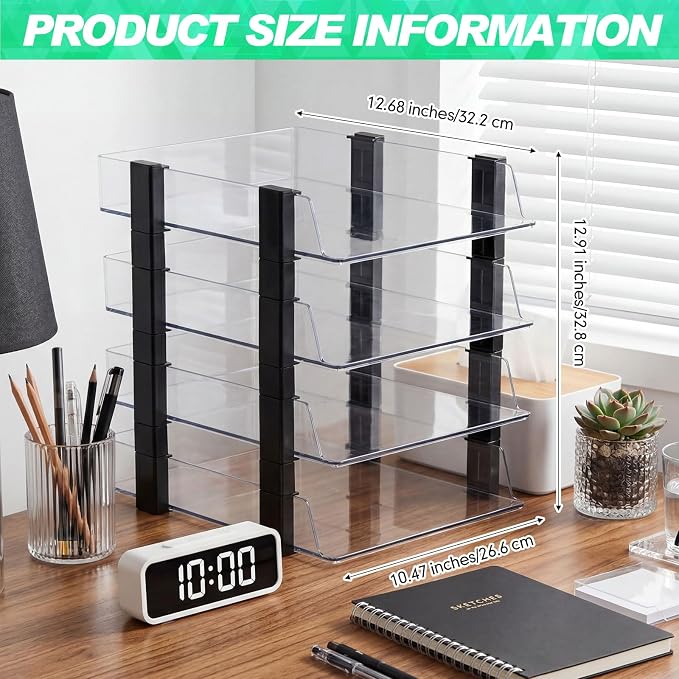SiliFine 4 Tier Clear Stackable Desk Organizer 12.68 x 10.47 x 12.91 Inch Plastic Letter File Trays Rectangular Paper Storage Holder for Office Desktop Document Classroom Hospital(Black)