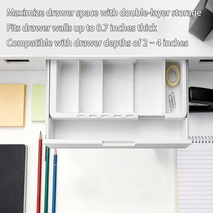 5 Pcs Expandable Drawer Organizer Bins, 11.4 to 18 Inches Plastic Dividers Storage, White Expandable Tray, Adjustable Deep Drawer Hanging Organizer for Kitchen Bathroom Bedroom Office Desk