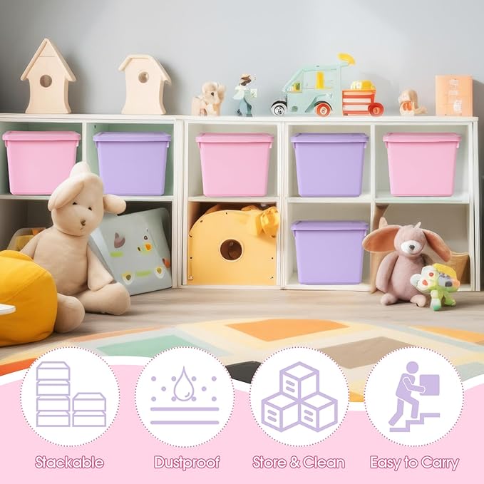 Potchen 6 Pack Cute Plastic Storage Bins with Lids Decorative Stackable Storage Boxes 9.8" ×7.3" ×5.7" Small Storing Totes for Organizing Craft Office Supplies (Pink,Purple)