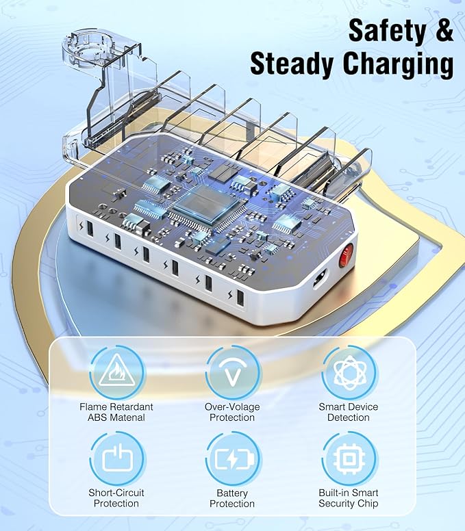𝟐𝟎𝟐𝟓 𝐔𝐩𝐠𝐫𝐚𝐝𝐞𝐝 Charging Station for Multiple Devices【Tested Safer & Efficient Charging】 6-Port USB Charging Dock Compatible with iPhone/Android/MacBook/Tablet/Kindle & Other Electronic