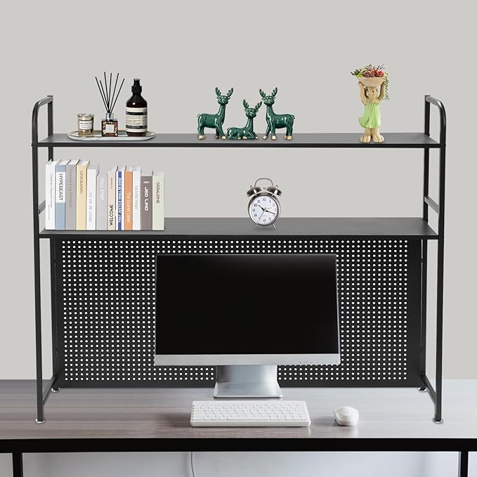 Desk Hutch Shelf 2 Tier Countertop Desktop Bookshelf with Pegboard, Metal Desk Top Bookcase for Computer Desk, Desk Storage Organizer Rack for Dorm Office Home Bedroom(Black, 115cm/45.3in)