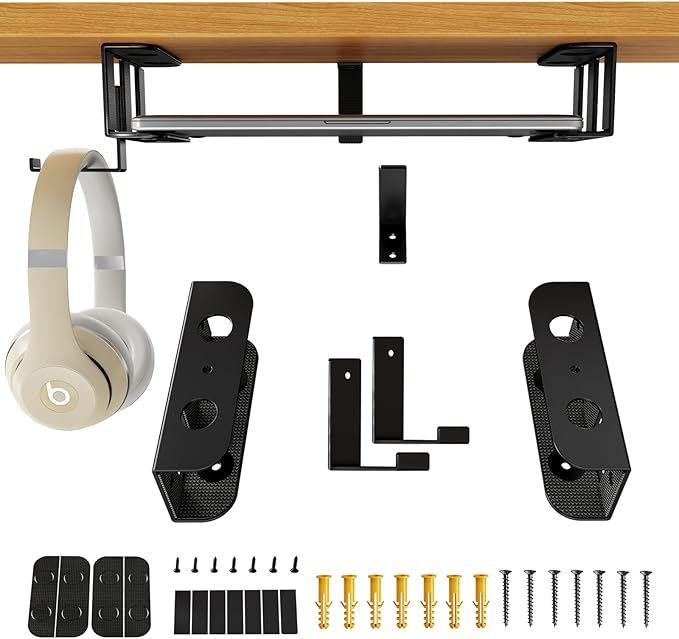 BYMECOST Under Desk Laptop Storage Mount with Hook, Metal Under Desk Device Holder, for Devices Up to 1.37" Thick, MacBook, Mini, Keyboard, Router, with Anti-Scratch Silicone (Black, 2.1" with Hook)