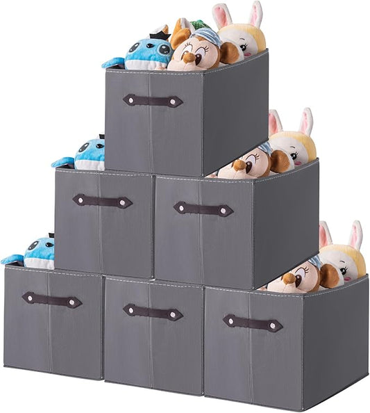 6 Pack Large Collapsible Storage Baskets for Shelves,14.9"x9.5" Fabric Closet storage Boxes with Leather Handles,Decorative Organizers Storage Bins for Clothes,Sheets,Toys,Books,(Gray)
