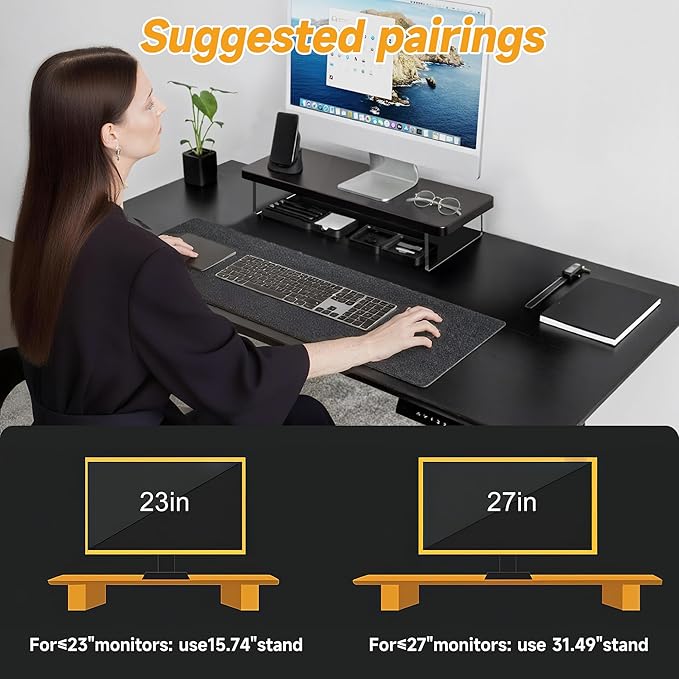 Computer Monitor Stands, Wood & Acrylic Computer Monitor Stand, Desk Monitor Stand Underneath Storage For Office, Home, School Supplies, 15.7" L (Black)