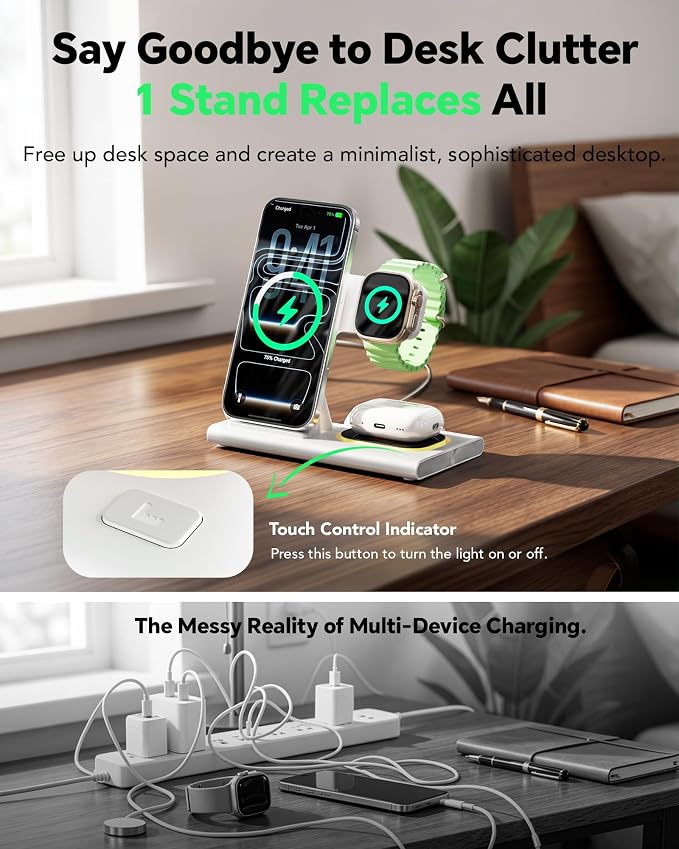 3 in 1 Foldable Charging Station for Apple Products,Wireless Charger for iPhone 17 16 15 14 13 12 Pro Max,Travel Dock Adapter&Light for iWatch Series 11 10 9 Ultra 3/2 SE 3/2,for AirPods 4 3 2 Pro 3/2