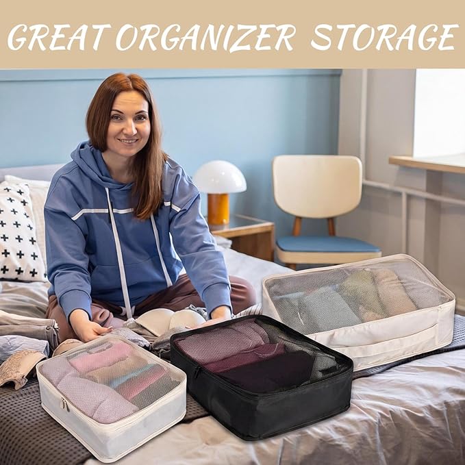 Silkfly 12 Pcs Packing Cubes for Suitcase Travel Luggage Bags Bulk Mesh Organizer Set for Hiking Camping, XL, L, M Size(Beige, Black)