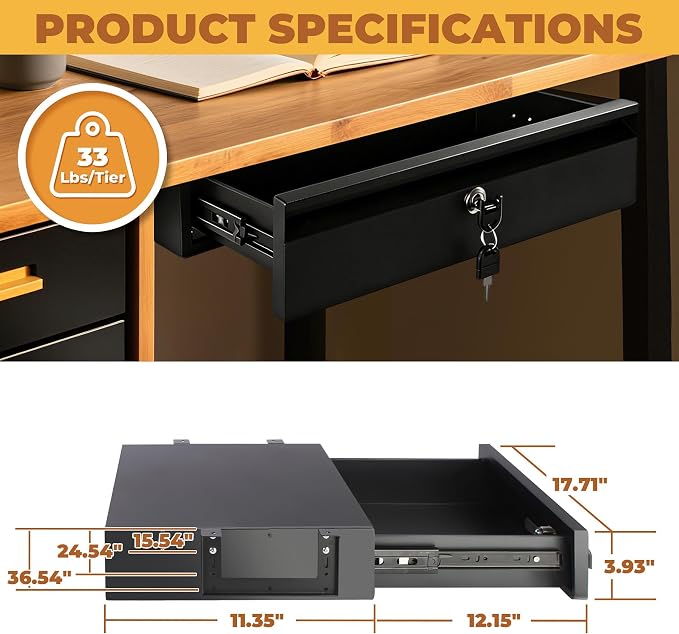 POPMOON 18in Under Desk Drawer with Lock Large Pull Out Storage Organizer | Large 18in under desk drawer with lock,smooth slide rails,adjustable mounting height, supports up to 33 lb