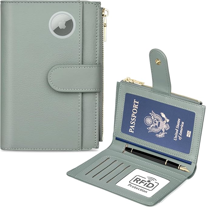 Passport Holder for Travel, Leather Passport Wallet with Airtag Slot, RFID Blocking Travel Wallet for Women Men, Passport Cover with Air Ticket Card Cash Coin Pocket, Travel Essentials Gift